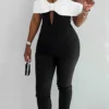 Black White Hollowed Out Backless Halter Regular Jumpsuits