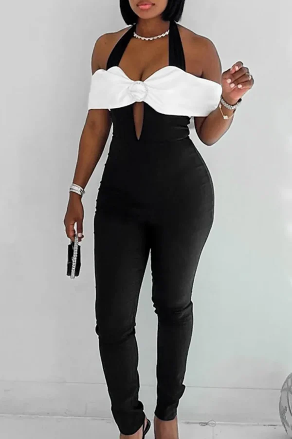 Black White Hollowed Out Backless Halter Regular Jumpsuits
