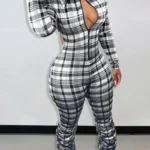 Casual Plaid Turndown Collar Skinny Jumpsuit