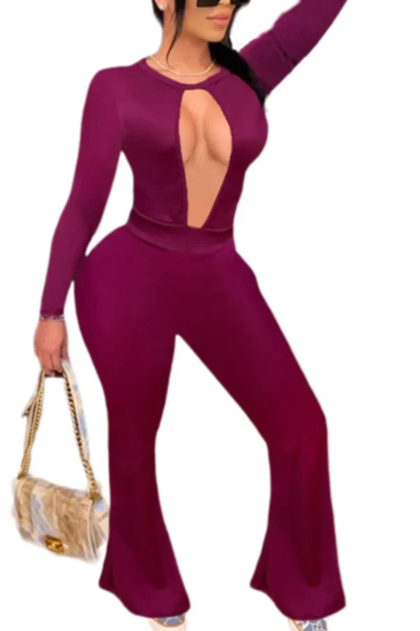 fuchsia British Style O Neck Skinny Jumpsuits