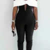 Black White Hollowed Out Backless Halter Regular Jumpsuits