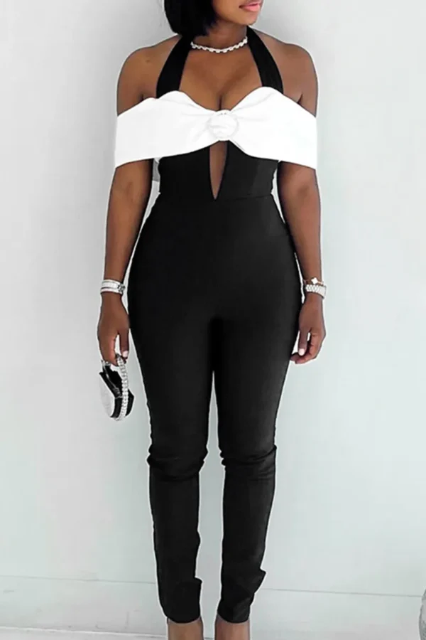 Black White Hollowed Out Backless Halter Regular Jumpsuits