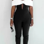 Black White Hollowed Out Backless Halter Regular Jumpsuits