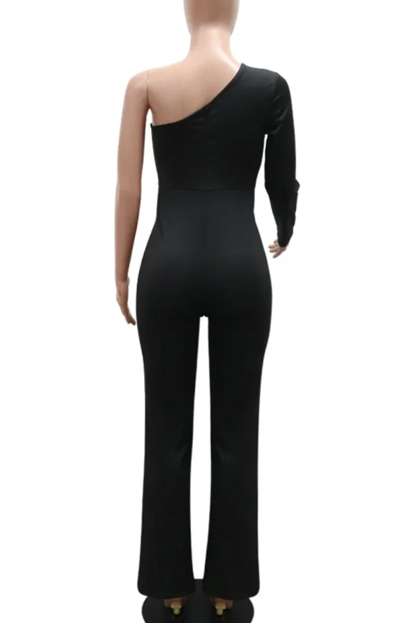 Black Casual Backless Hot Drill Oblique Collar Regular Jumpsuits