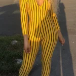 Sexy Striped zipper Long Sleeve V Neck