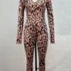 Camel Sexy Leopard Print Zipper O Neck Skinny Jumpsuits