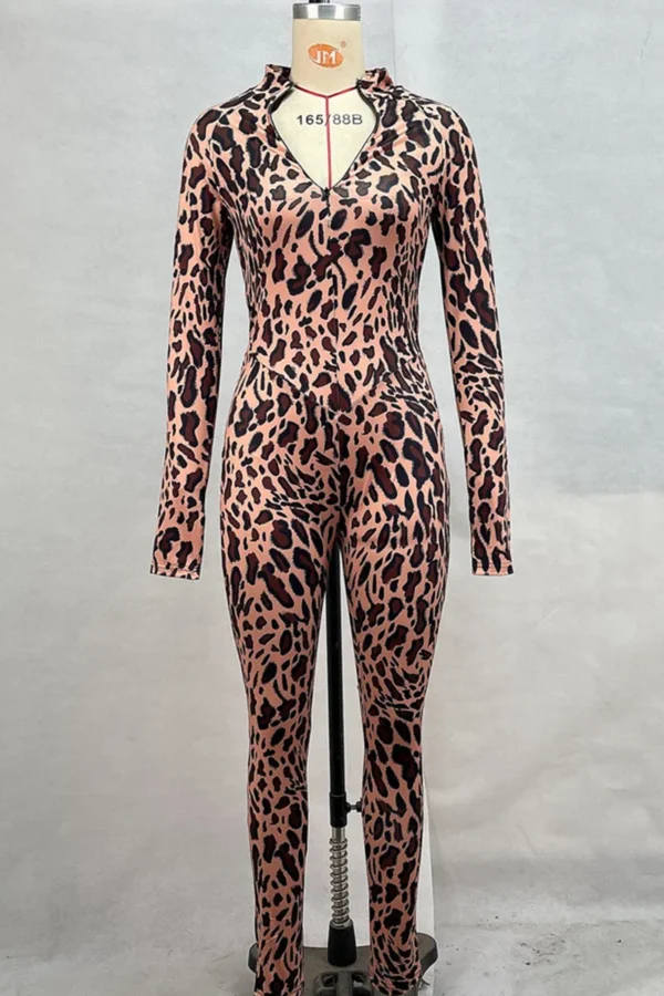 Camel Sexy Leopard Print Zipper O Neck Skinny Jumpsuits