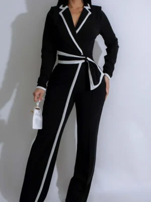 Black Casual Contrast Turndown Collar Regular Jumpsuit