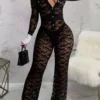 Black Sexy Lace Buckle See-through Contrast Turndown Collar Skinny Jumpsuits