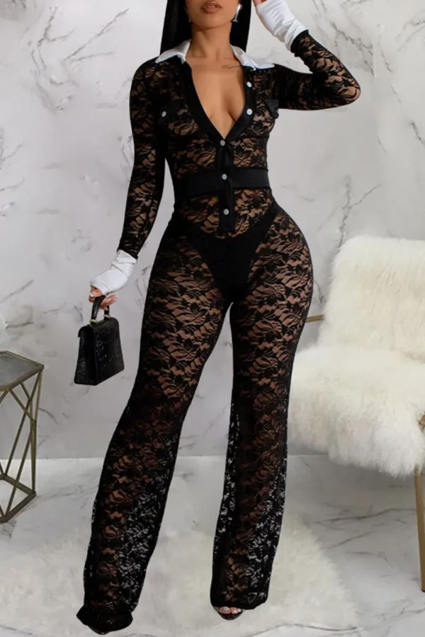 Black Sexy Lace Buckle See-through Contrast Turndown Collar Skinny Jumpsuits