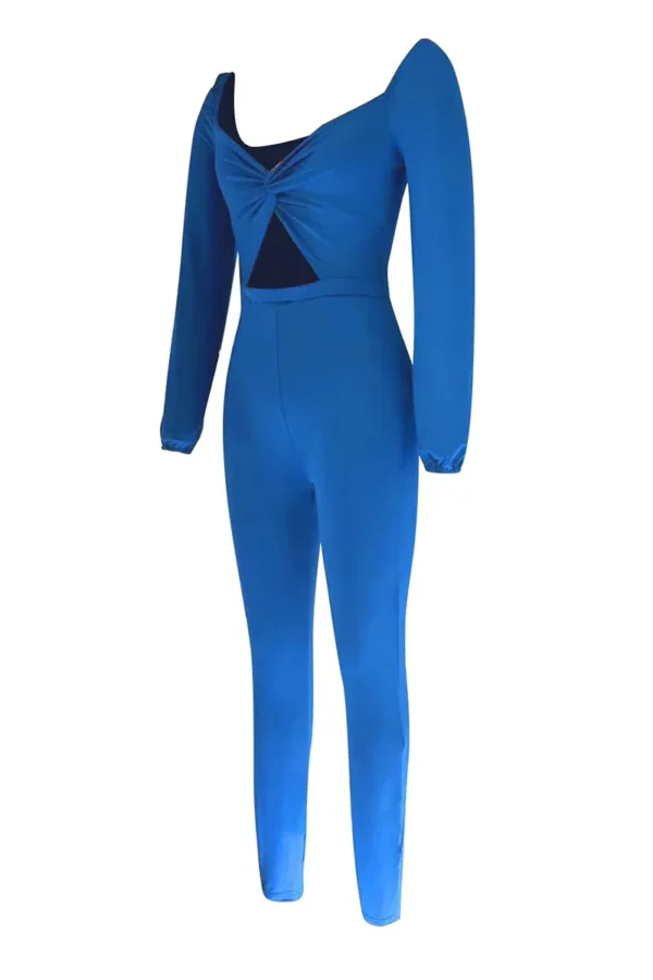 Blue Casual Hollow Out Ruched Asymmetrical Collar Regular Jumpsuits