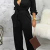 Black Casual Pocket Buckle Strap Design Turndown Collar Regular Jumpsuits