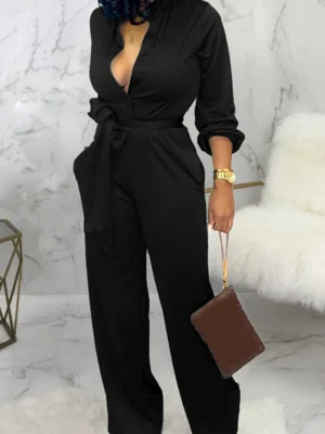 Black Casual Pocket Buckle Strap Design Turndown Collar Regular Jumpsuits