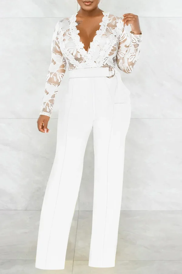 Casual Lace See-through With Belt Zipper V Neck Regular Jumpsuits