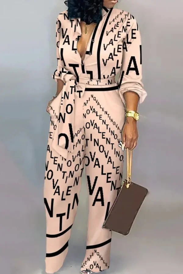 Casual Buckle Strap Design Turndown Collar Long Sleeve Vacation Jumpsuits