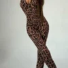 Camel Sexy Leopard Print Zipper O Neck Skinny Jumpsuits