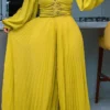 Deep V Neck Lantern Sleeve Ruched Formal Party Loose Wide Leg Jumpsuit