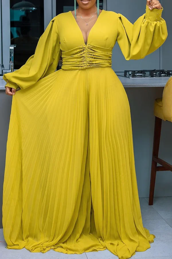 Deep V Neck Lantern Sleeve Ruched Formal Party Loose Wide Leg Jumpsuit