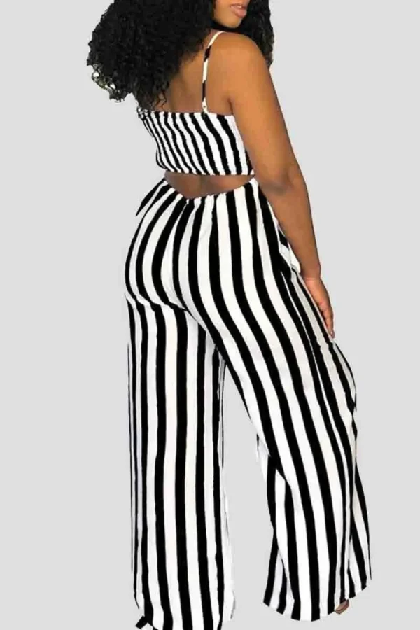 Casual Bow Decor Stripe Backless Loose Vacation Wide Leg Jumpsuits
