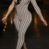Khaki Casual Stripe Hollow Out Asymmetrical Collar Skinny Jumpsuits
