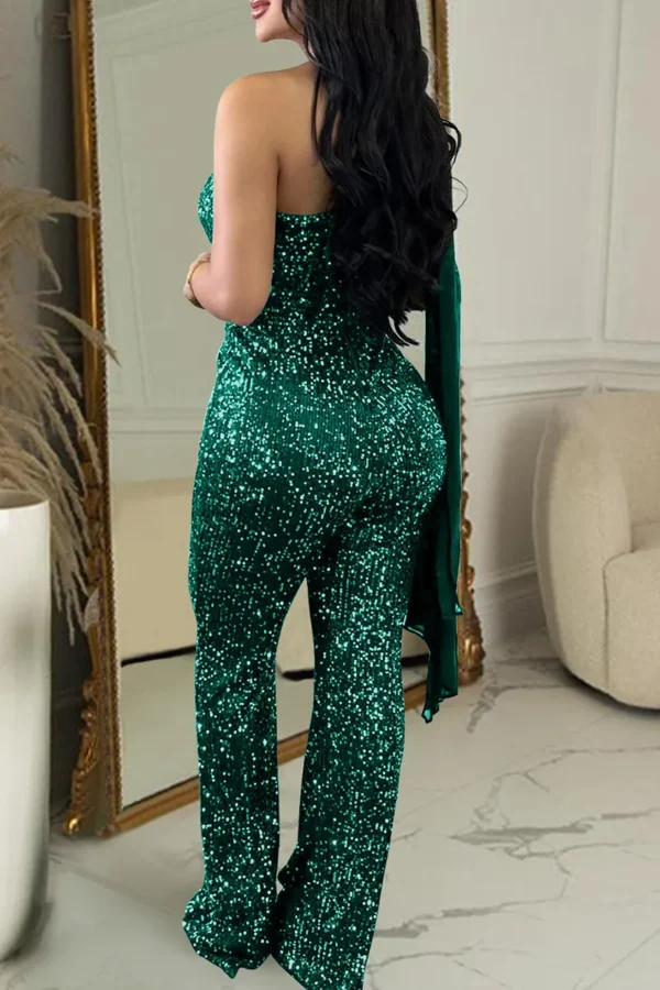 Casual Sequins Backless Oblique Collar Skinny Jumpsuit
