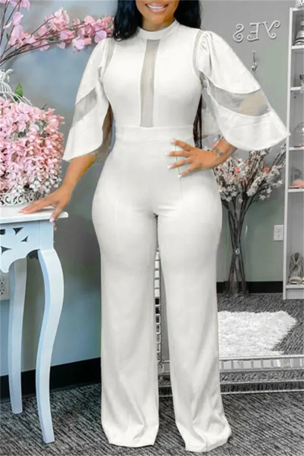 Fashion Casual See-through Half Turtleneck Regular Jumpsuits