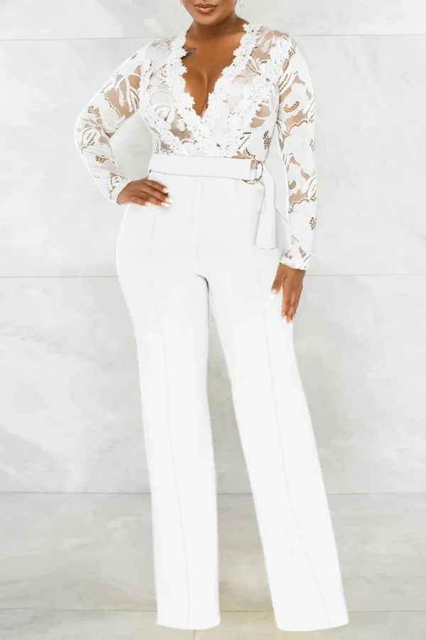Casual Lace See-through With Belt Zipper V Neck Regular Jumpsuits