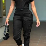 Casual Zipper Short Sleeve Belted Pockets Cargo Jumpsuit