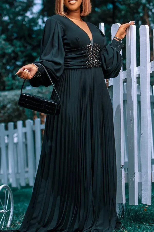 Deep V Neck Lantern Sleeve Ruched Formal Party Loose Wide Leg Jumpsuit