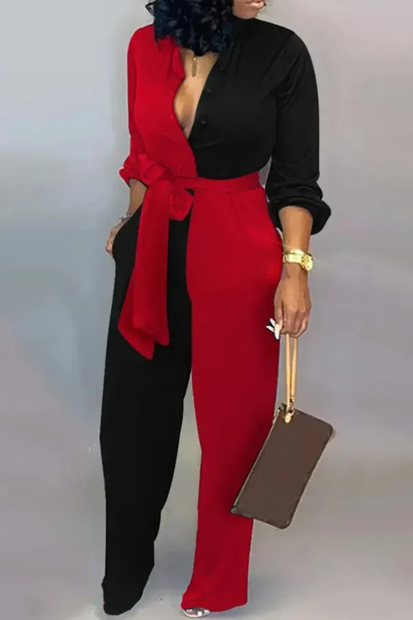 Casual Buckle Strap Design Turndown Collar Long Sleeve Vacation Jumpsuits