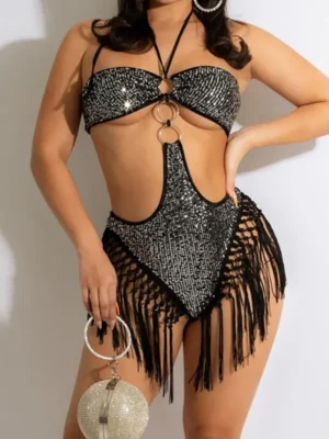 Fashion Tassel Hollowed Out Sequins Backless Skinny Romper