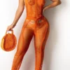 Sexy Hollow Out See-Through O Neck Regular Jumpsuits