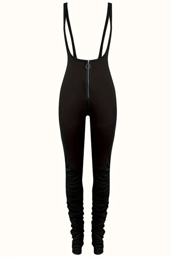 Street Ruched Zipper Spaghetti Strap Skinny Jumpsuits