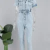 Blue Sweet Pocket Frenulum Buckle Turndown Collar Regular Jumpsuits