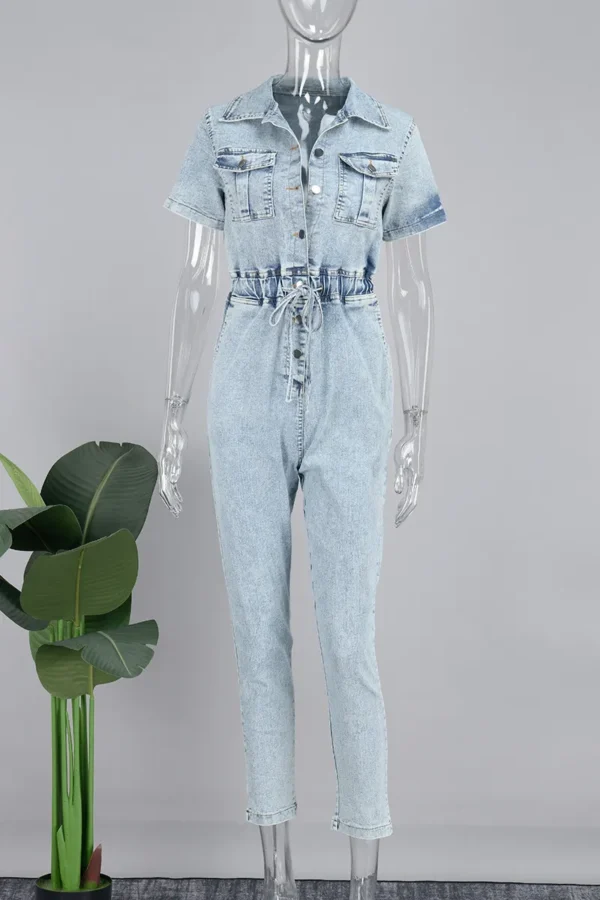 Blue Sweet Pocket Frenulum Buckle Turndown Collar Regular Jumpsuits