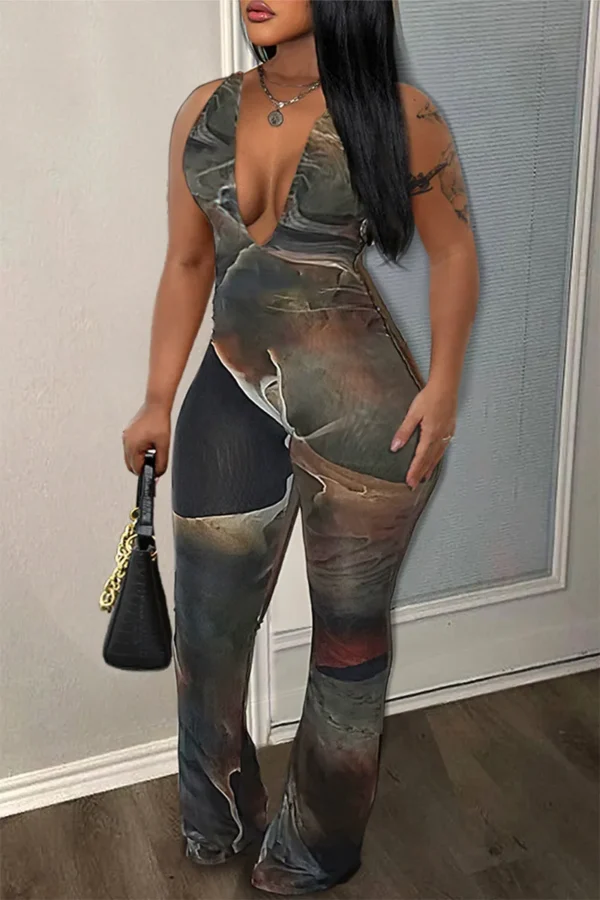 Multicolor Street Print V Neck Regular Halter Flare Leg Jumpsuit