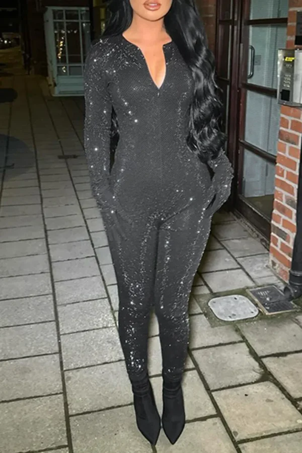 Black Casual Sequins Zipper Collar Skinny Jumpsuits