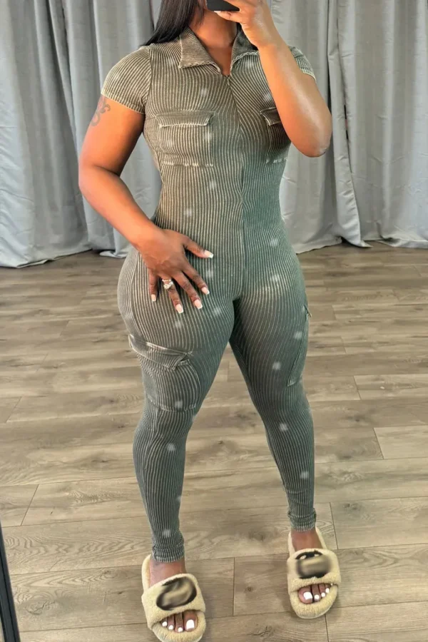 Casual Zipper Collar Short Sleeve Sportwear Skinny Jumpsuit