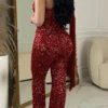 Casual Sequins Backless Oblique Collar Skinny Jumpsuit