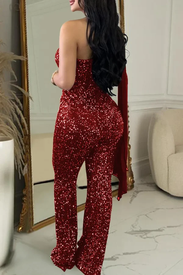 Casual Sequins Backless Oblique Collar Skinny Jumpsuit