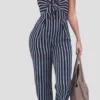 Casual Bow Decor Stripe Backless Loose Vacation Wide Leg Jumpsuits