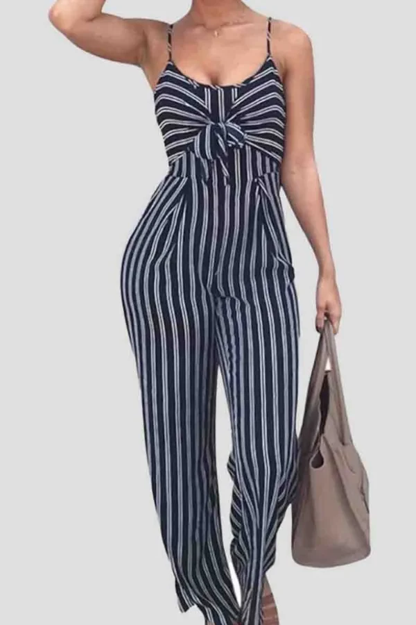 Casual Bow Decor Stripe Backless Loose Vacation Wide Leg Jumpsuits