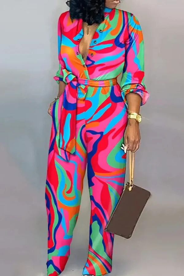 Casual Buckle Strap Design Turndown Collar Long Sleeve Vacation Jumpsuits