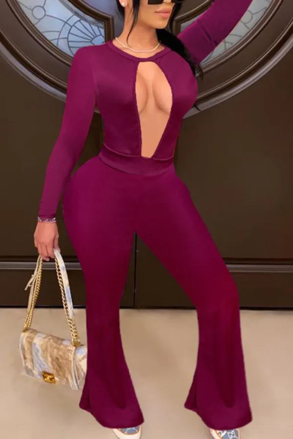fuchsia British Style O Neck Skinny Jumpsuits