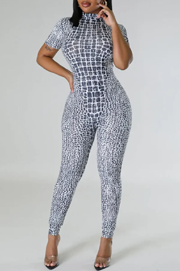 Black Casual Zipper O Neck Skinny Jumpsuits
