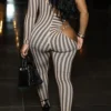 Khaki Casual Stripe Hollow Out Asymmetrical Collar Skinny Jumpsuits