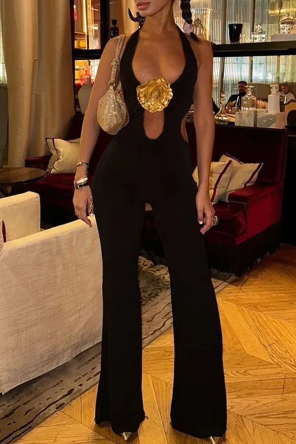 Black Casual Hollow Out Flower Shape Halter Regular Jumpsuits