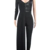 Black Elegant Sequins Zipper V Neck Regular Jumpsuits