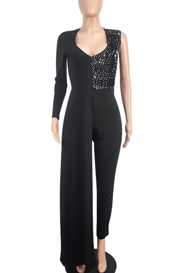 Black Elegant Sequins Zipper V Neck Regular Jumpsuits