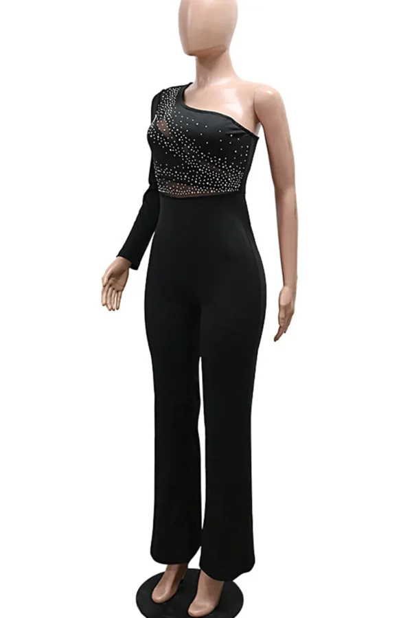 Black Casual Backless Hot Drill Oblique Collar Regular Jumpsuits